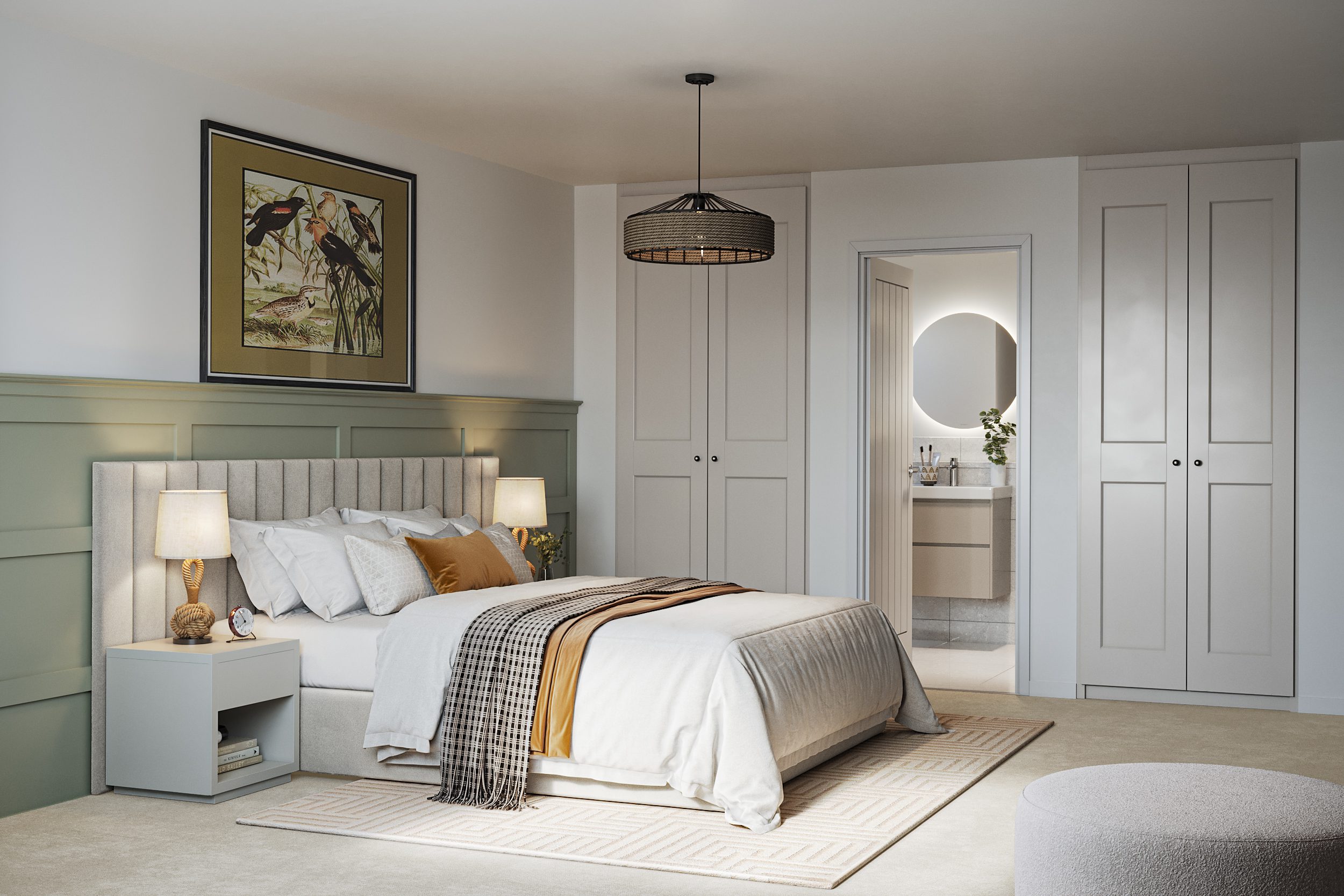 Luxury houses for sale in Headley Surrey: Bedroom with built-in wardrobes and sage green panelling